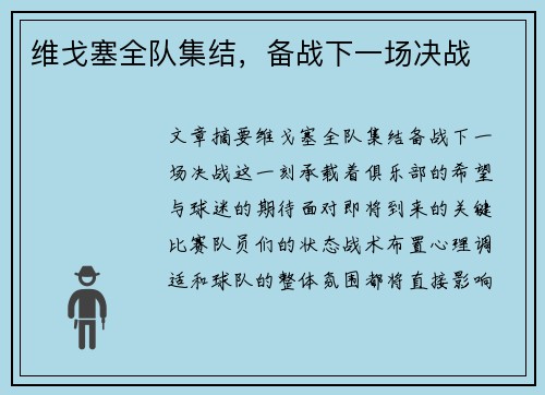 维戈塞全队集结，备战下一场决战